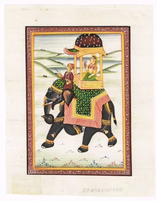 Indian Painting Of Mughal Queen Riding On Elephant Art On Silk 7x9 Inches