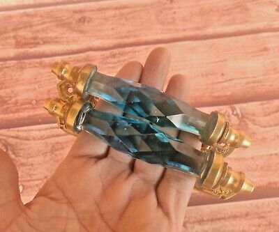 Vintage Style Brass Blue Victorian Cut Glass 2 Pcs Pull Push Door Drawer Handle