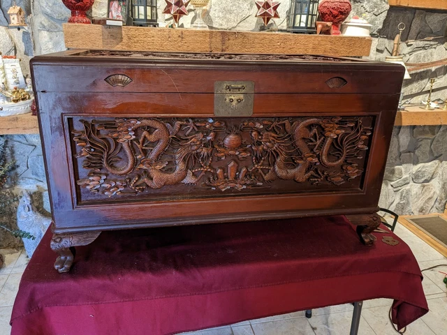 Vintage Chinese Deeply Carved Dragon Themed Wood Chest Trunk Stunning piece