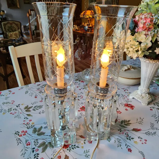 Antique Pair 30's Crystal Hurricane Lamps, 18 3/4“ Prisms Etched Shades Vintage