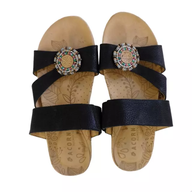 Acorn Womens Sandals Flip Flops Leather Black Beaded Strap Size 6 Cork