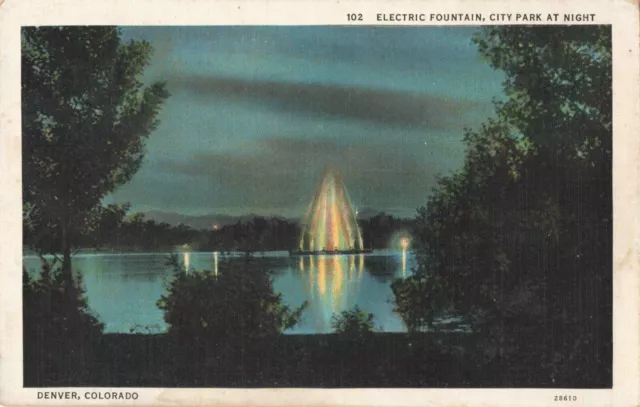 Denver CO Colorado, Electric Fountain, City Park at Night, Vintage Postcard