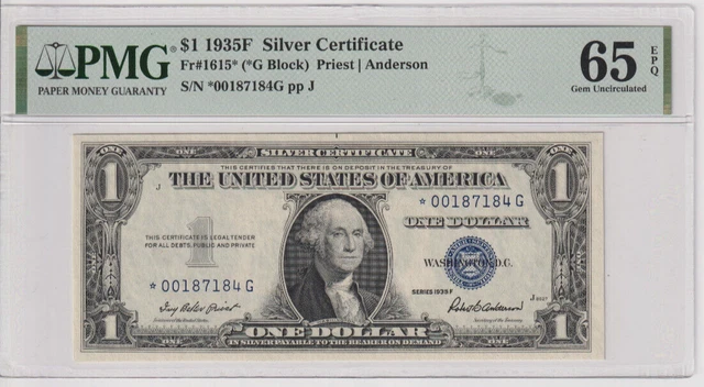 Fr 1615* 1935F $1 SC *00187184G PMG 65 EPQ SERIES 1935-F SILVER CERT STAR