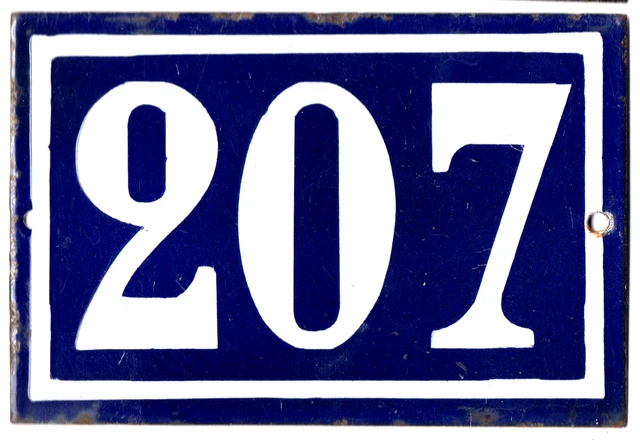 Old blue French house number 207 door gate plate plaque enamel steel metal sign