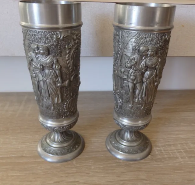 2 x VINTAGE REIN-ZINN  BMF  PEWTER EMBOSSED GOBLETS   CHALICE  -  VGC