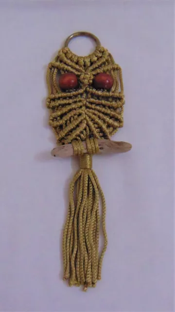 Vintage 1970's MCM Macrame Hanging Owl Figurine Gold Color