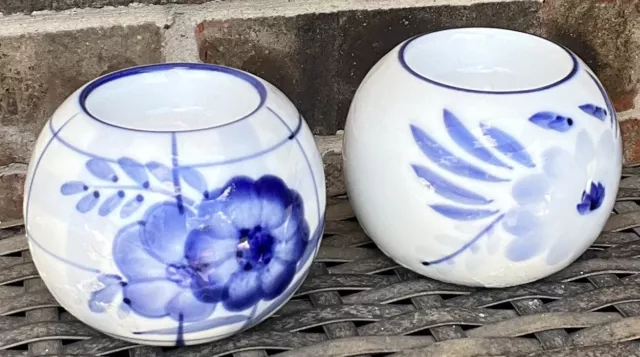 2 Cobalt Blue & White Porcelain orb ball Tea light candleholders pair floral
