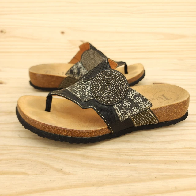 Think Womens Sandals Sz 6 37 Black Slip On Thong Flip Flops Chic Boho Comfort