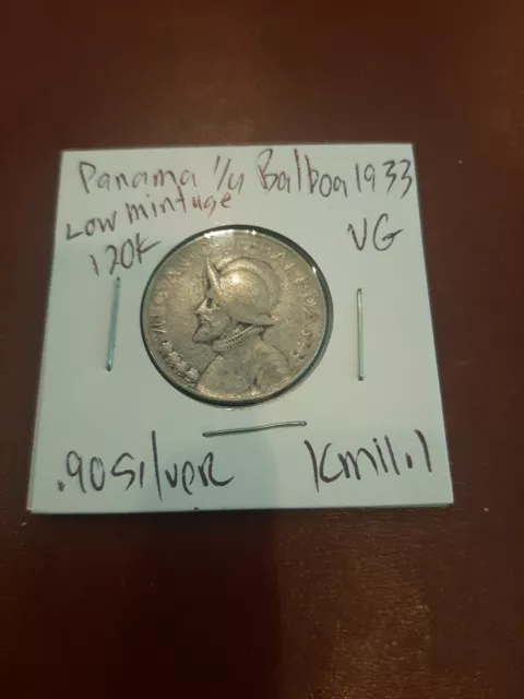 PANAMA 1/4 Balboa (1933) KM #11.1, 90% Silver Coin Low Mintage 120k