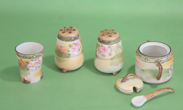 Vintage NIPPON HAND PAINTED Salt & Pepper Set w/ Matching Condiment Dish & Cup