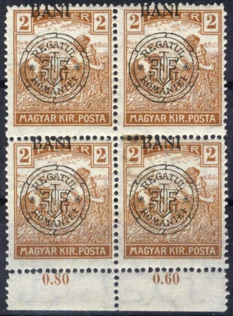 Romania Hungary 1919 CLUJ HARVESTER 2 GENUINE MNH OG block 4 + margin