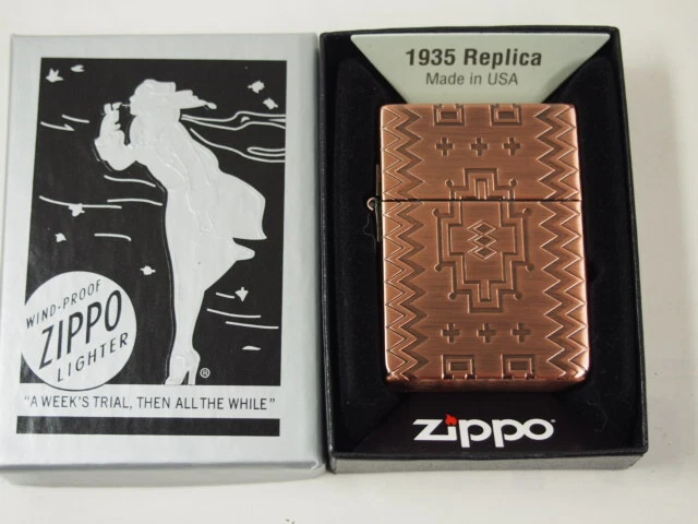 Zippo Oil Lighter Indian Native Copper Etching 1935 Replica Brass Japan 2