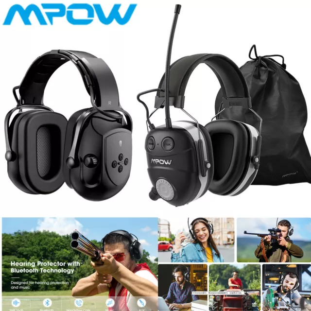 MPOW Bluetooth Ear Defenders Earmuffs Hearing Protector Noise Reduction Mic UK