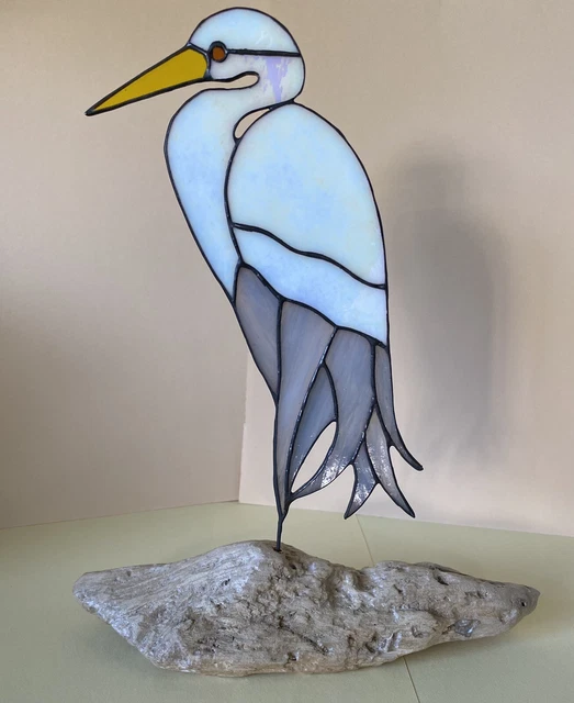 Stained Glass Heron On Driftwood Handmade 10” Tall