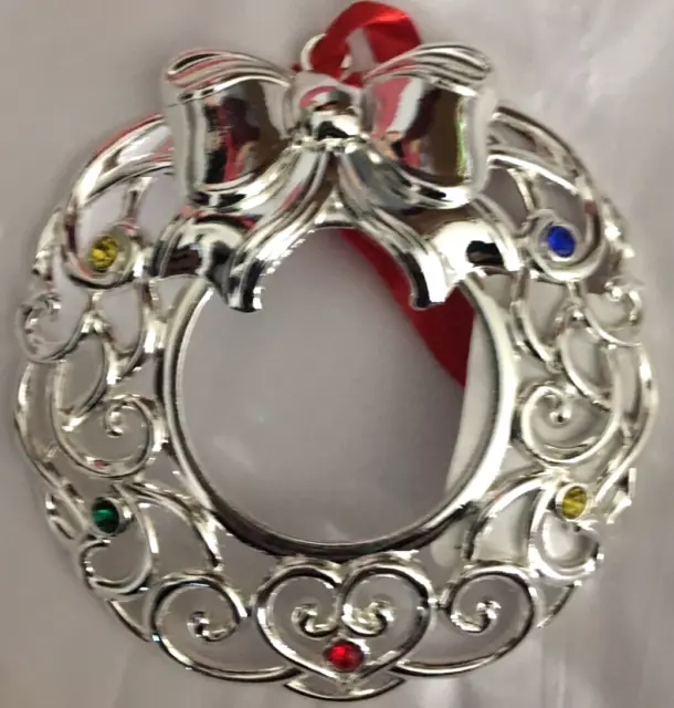 Lenox Sparkle and Scroll Silver Plated Wreath Ornament Multi Color Gems with Box