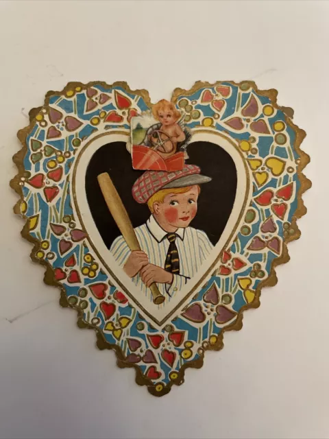 Vintage Collectible Die Cut Whitney Made Valentine Day Card Boy Baseball Bat