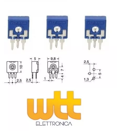 3pz Trimmer Verticale 22K Ohm 10x10mm Passo 5x2,5mm Regolazione con Cacciavite