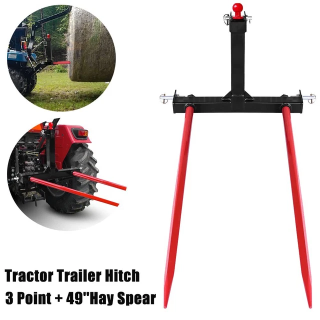 3 Point Cat 1 Trailer Hitch Attachment w/49" Hay Bale Spear Tractor Quick Attach