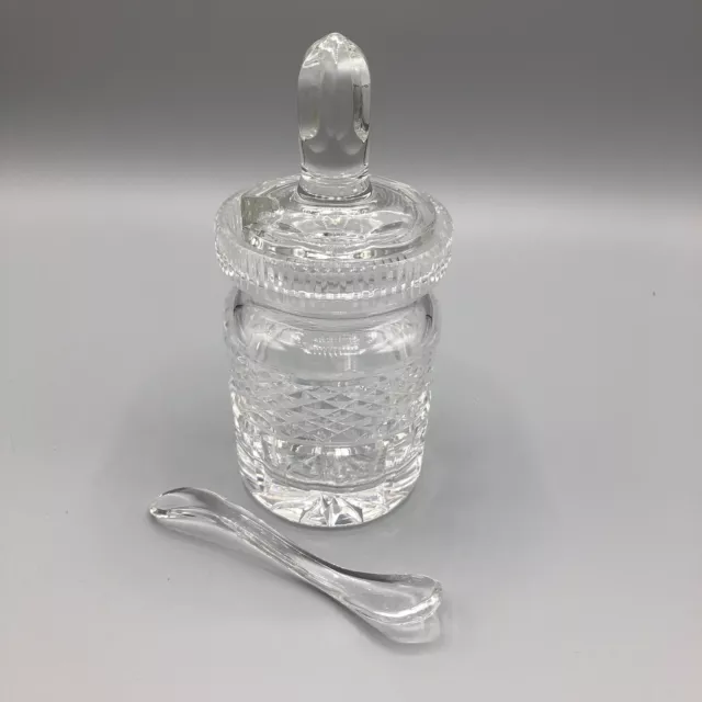 Vintage Cut Crystal Clear Glass Jam Jelly Compote Condiment Jar With Spoon