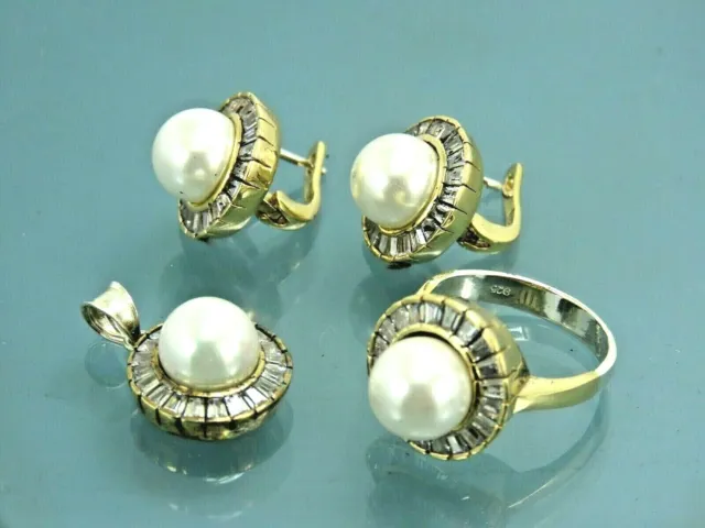 Turkish Handmade Jewelry 925 Sterling Silver Pearl Stone Women Earring Set