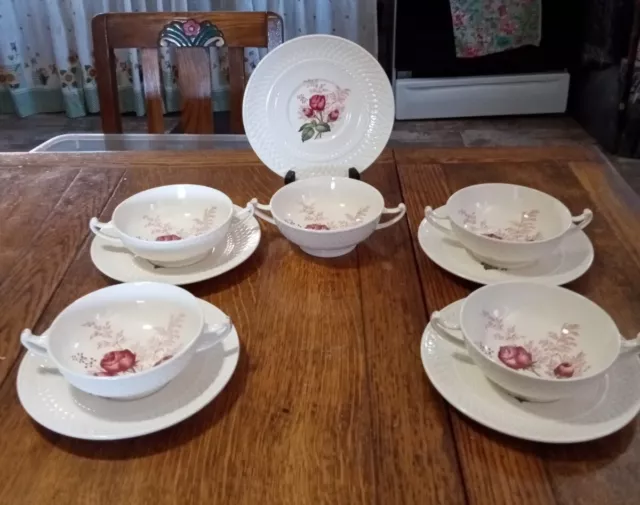 5 Spode Copeland Lady Anne Two Handled Cream Soup Bowls w/Saucers