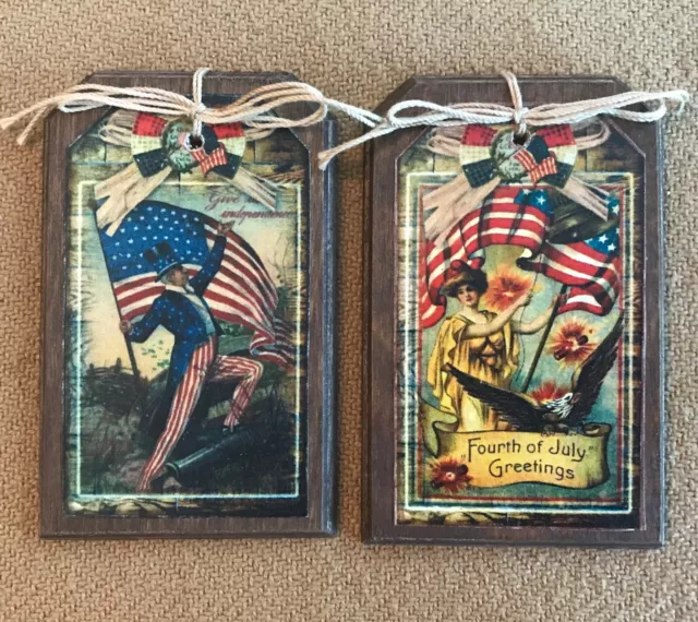 5 WOOD Americana Hang Tags/Vintage Patriotic Ornaments/PRiM USA Ornies SET-2S 3