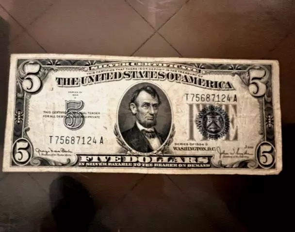 1934 Five Dollars Blue Seal Note Silver Certificate Old US Bill 1934 D T75687124