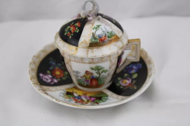 Augustus Rex Helena Wolfsohn Covered Demitasse Miniature Cup Saucer Repaired Lid