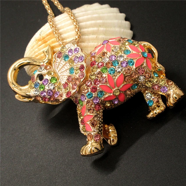New Bling Rhinestone Color Flower Elephant Pendant Betsey Johnson Chain Necklace