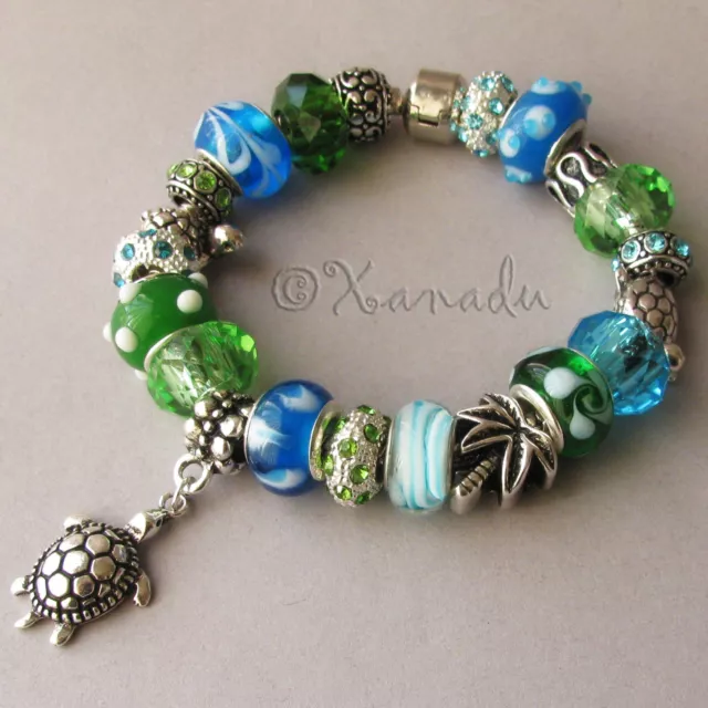 Turtle Island European Style Charm Bracelet - Green Turquoise Blue Glass Beads