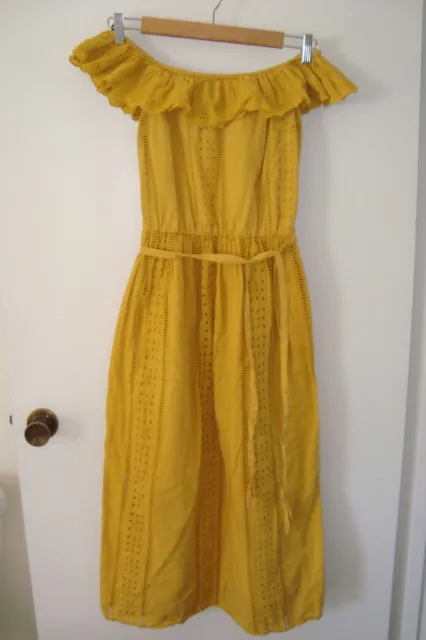 ZARA S 8 mustard maxi long broderie off shoulder embroidered dress cotton boho