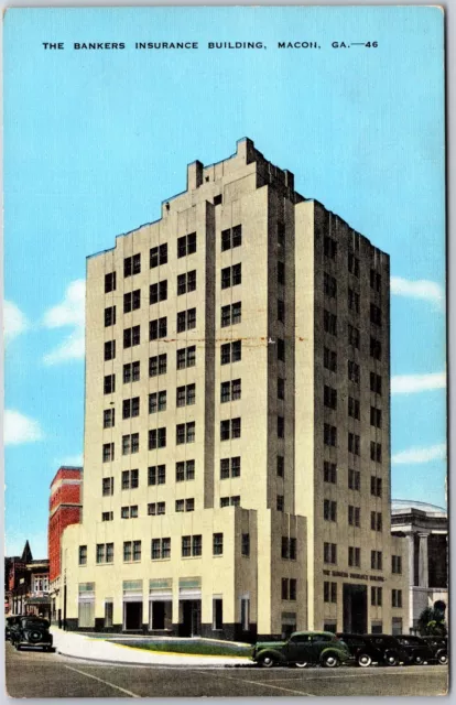 Macon Georgia GA, The Bankers Insurance Building, Car Parking, Vintage Postcard