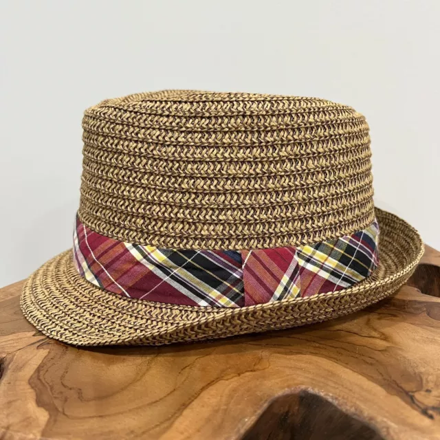 VTG POLO RALPH LAUREN Brown/Red Plaid STRAW FEDORA HAT S/M