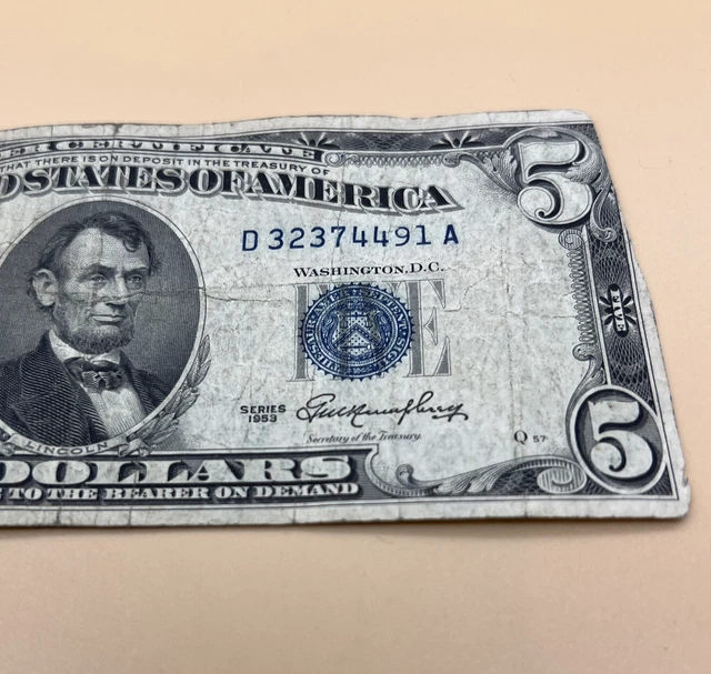 1953 $5 Silver Certificate Blue Seal Error Note - Seal Way Off Center/Misaligned