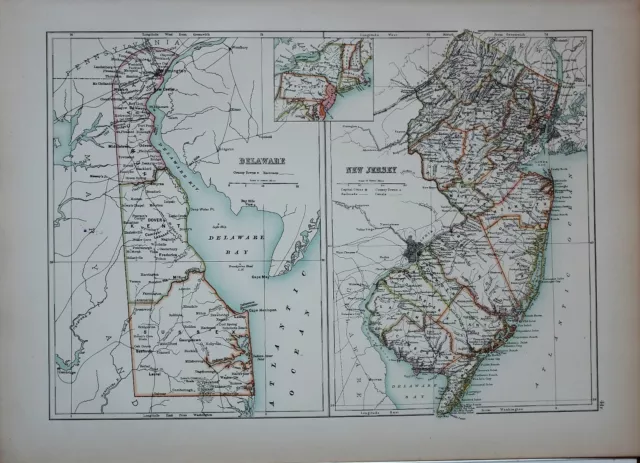1897 Antique Map United States Delaware Sussex Kent New Jersey Monmouth Morris