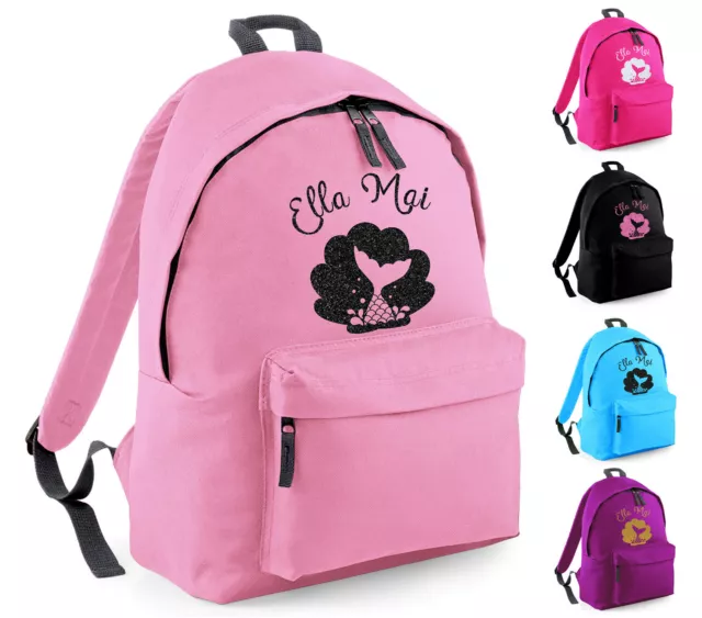 Girls Personalised Mermaid Shell Glitter Backpack Sparkle School Rucksack Bag