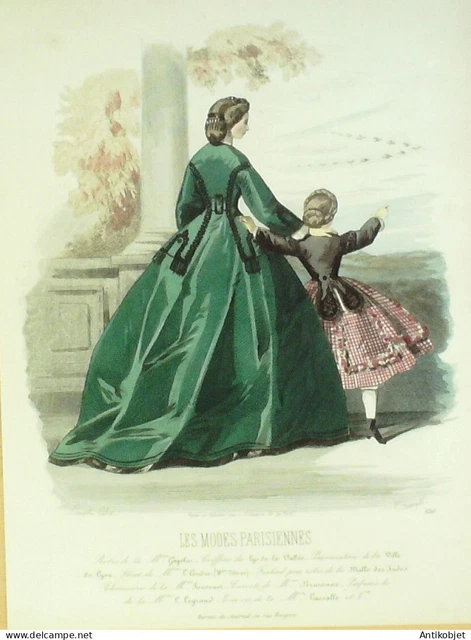 Gravure Modes parisiennes 1864 n°1130 Robe velours & corstume enfant