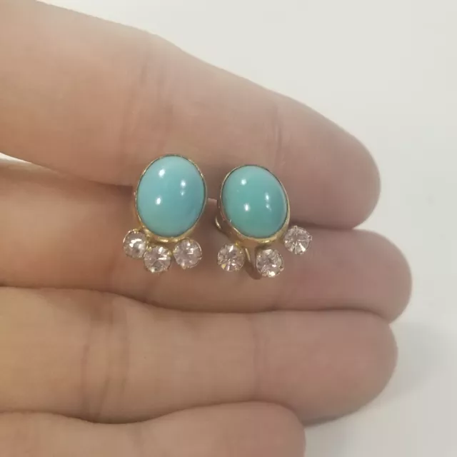 Van Dell 12K Gold Filled Screwback Earrings Rhinestone Teal Cabochon