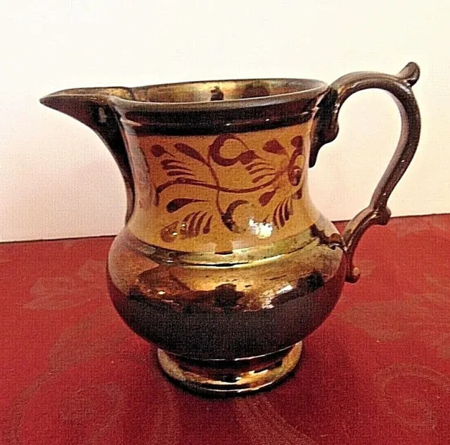 Victorian Pitcher Creamer ANTIQUE COPPER LUSTERWARE Leaves Hand-Painted