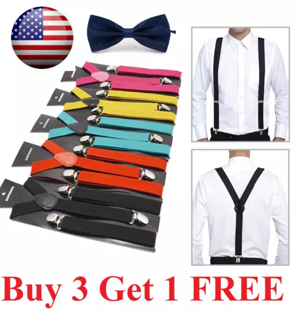 Men's Adjustable Suspenders Elastic Y-Shaped Braces Clips Pants  Solid Bow Tie