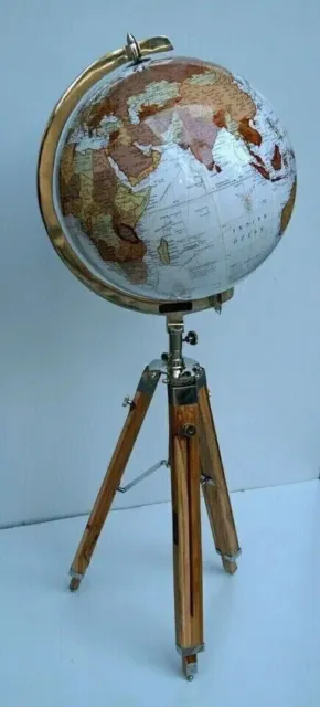 Floor World Globe With Wooden Tripod Stand 18" Big Modern Map Atlas Globe Decor