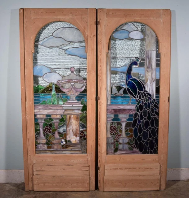 *Beautiful Pair of Pine Antique French Stained/Leaded Glass Doors with Peacock 18