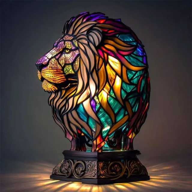 Retro Table Light Resin Stained Glass Bedside Light Home Ornament (Lion) #F