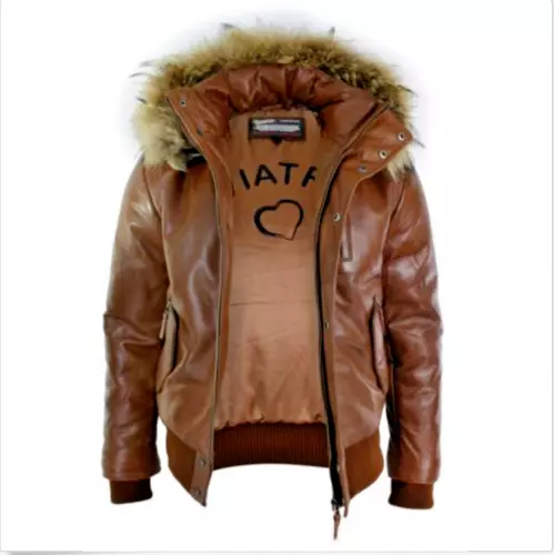 Mens Fur Hood Bomber Synthetic Leather Jacket Tan Timber Brown Puffer Padded