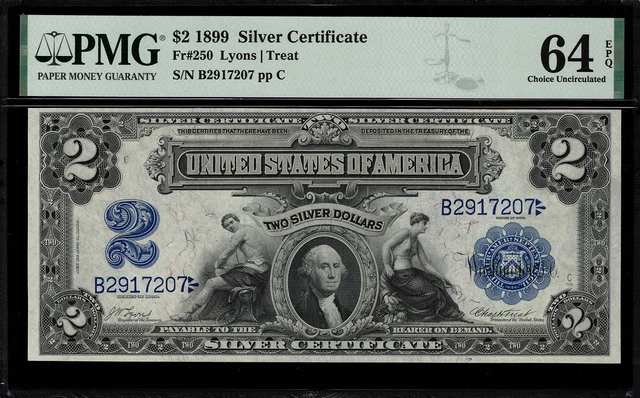 1899 $2 Silver Certificate FR-250 - Mini Porthole - PMG 64 EPQ - Uncirculated