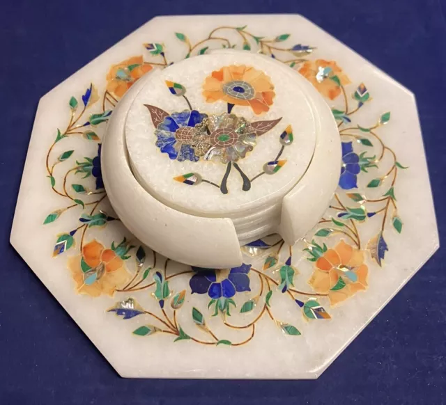 Marble Inlaid Pietra Dura Semi-Precious Stones Trivet And Coaster Set