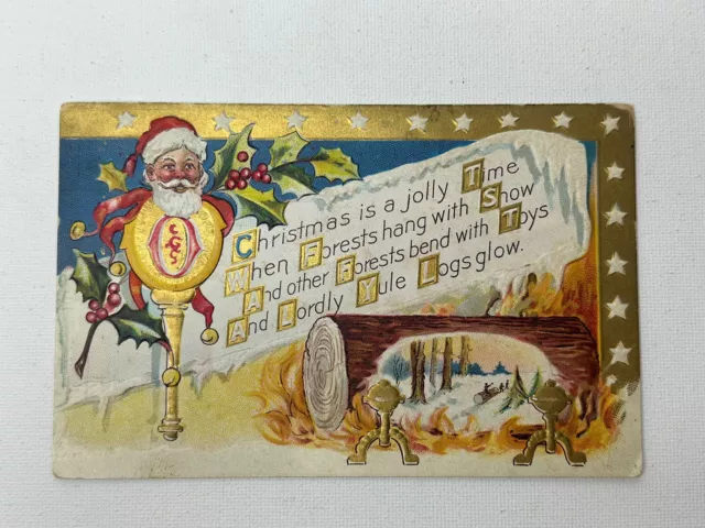 Posted Antique Christmas Postcard ~Vintage Santa  ~ Yule Logs ~ Christmas Poem