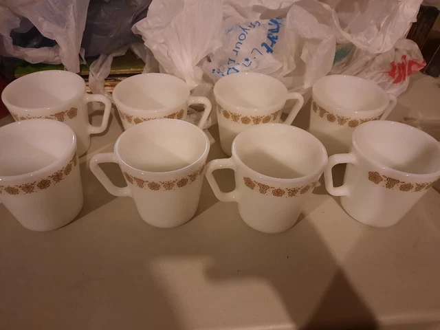 Vintage Pyrex Corelle Butterfly gold set of 8 coffee, tea cups And Coffee Pot.