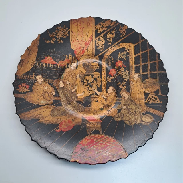ANTIQUE 1850S CHINESE Export Papier Mache Footed Tray Plate Black ...