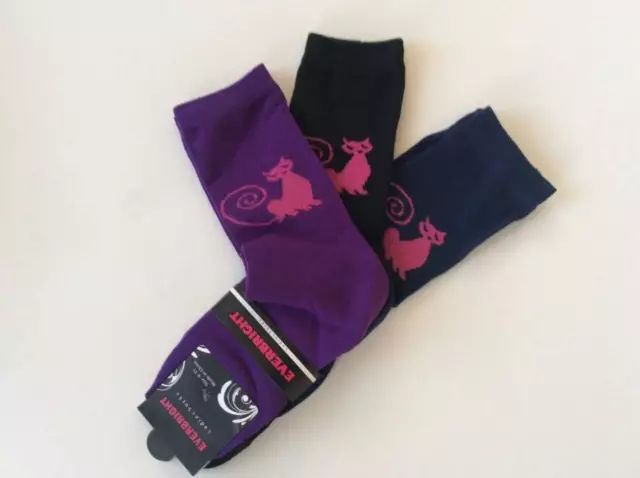 3 Pairs Ladies Novelty Cat Crew Socks * Navy Blue/Black/Purple * Nwt